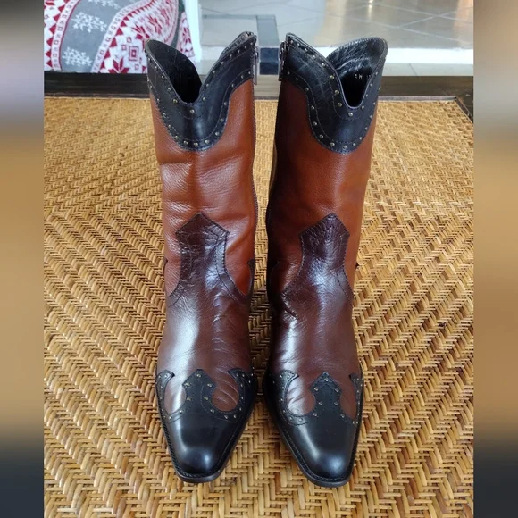 Stuart Weitzman Tri Colored Leather Studded Pointed Toe Western Boots - Picture 3 of 10